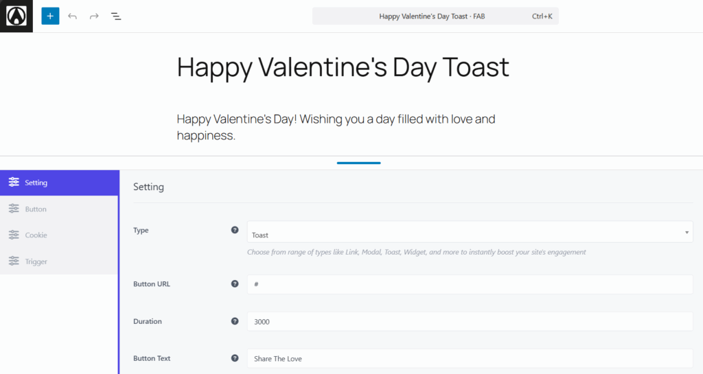 FAB Happy Valentine's Day Toast Custom CTA
